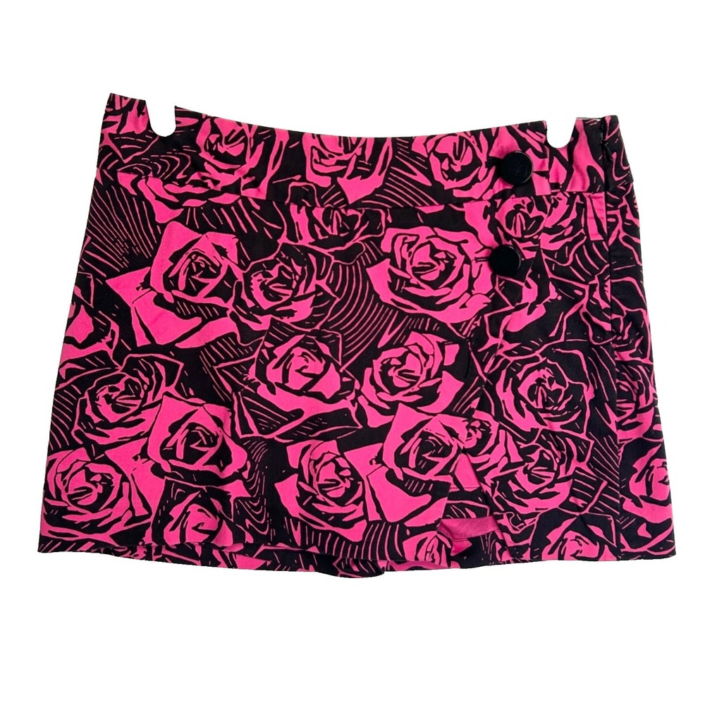Y2k Punk Side Buttons Vibrant Skort Fun‎ Roses Black Hot Pink Mini Womens 4 S